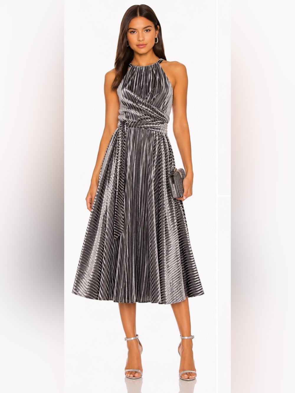 Ted Baker London Silver Velvet Stripe Midi Dress | Metallic Party Dress